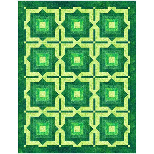 Green geometric patterned rug with a white border