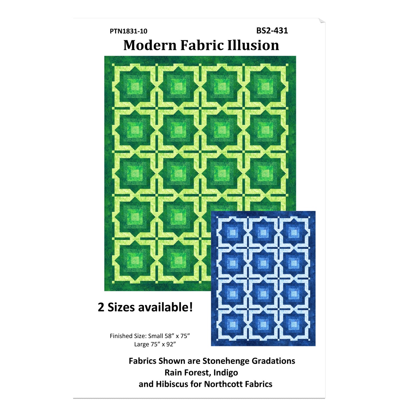 Brochure for 'Modern Fabric Illusion' with green and blue fabric patterns and product details.
