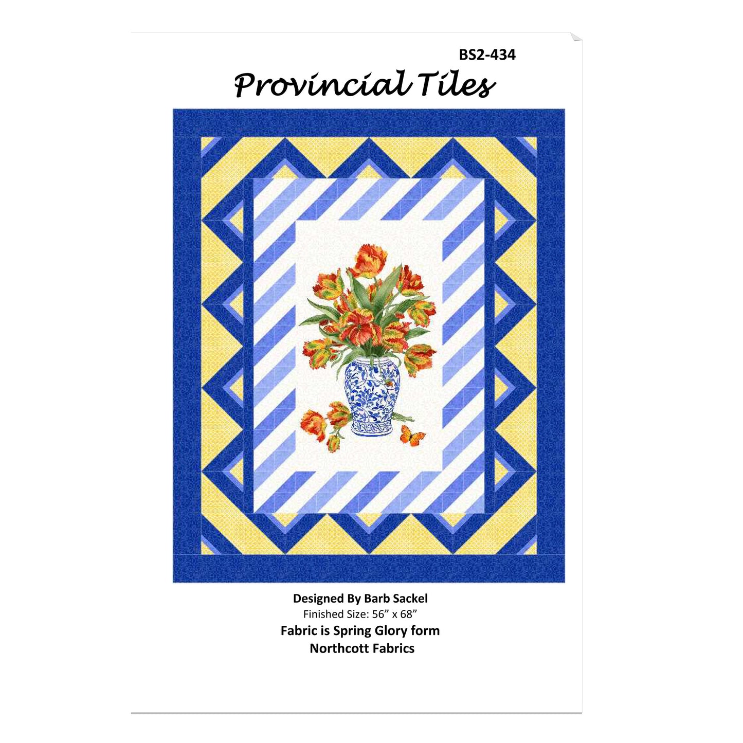 Fabric pattern design with floral vase and geometric border on a white background