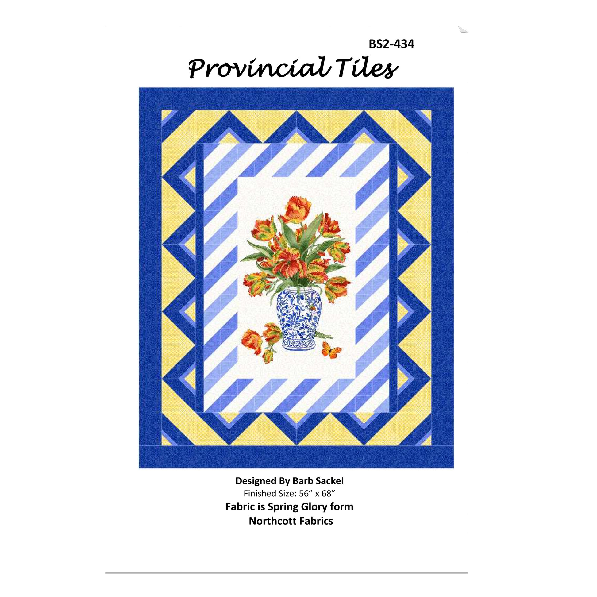 Fabric pattern design with floral vase and geometric border on a white background
