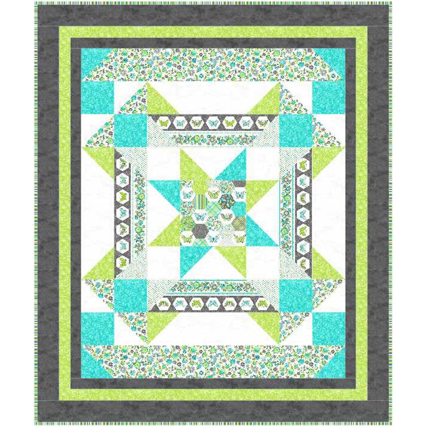 Quilt with star pattern in teal, green, and gray on a white background