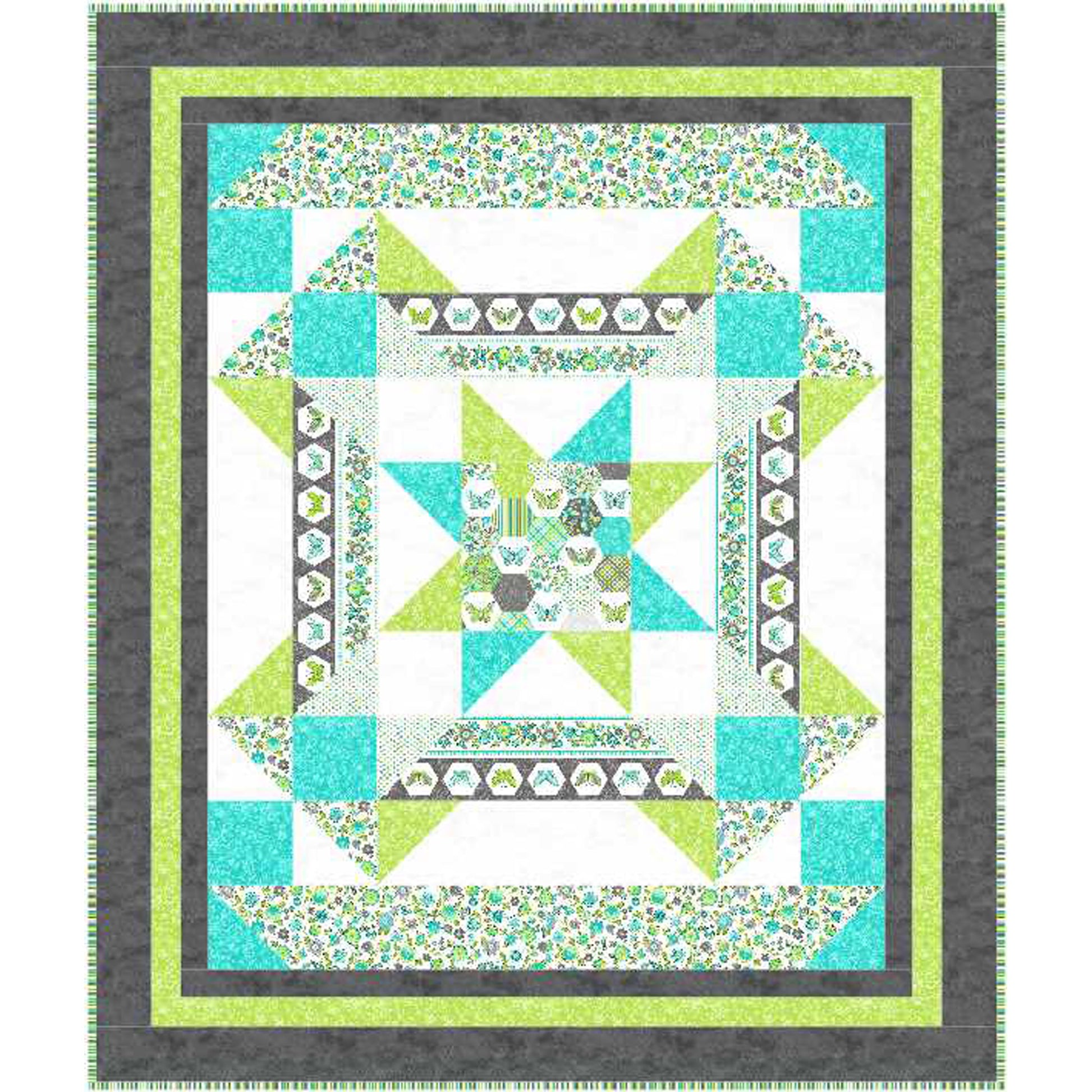 Quilt with star pattern in teal, green, and gray on a white background