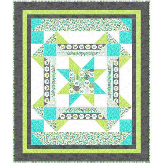Quilt with star pattern in teal, green, and gray on a white background