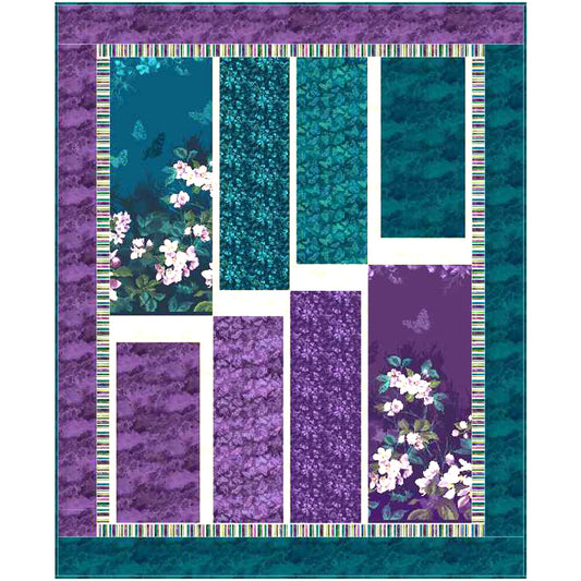 Patchwork quilt with purple and teal patterns on a white background