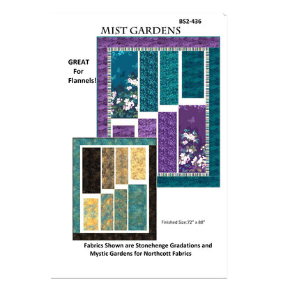Quilt pattern packaging for 'Mist Gardens' with fabric swatches on a white background.