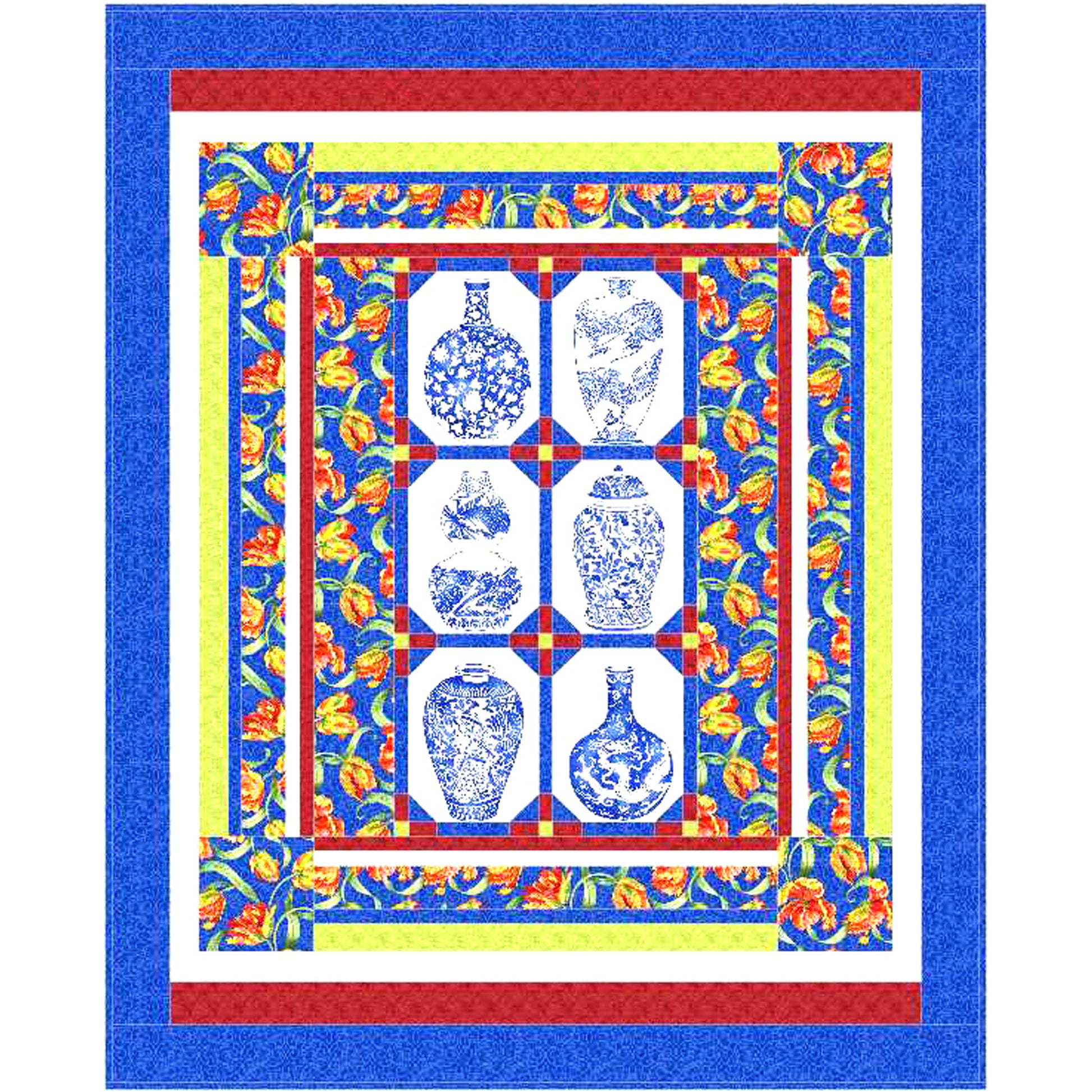 Decorative quilt with floral border and central pattern of blue vases on a white background