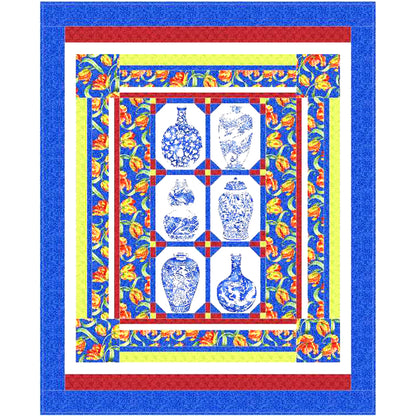 Decorative quilt with floral border and central pattern of blue vases on a white background