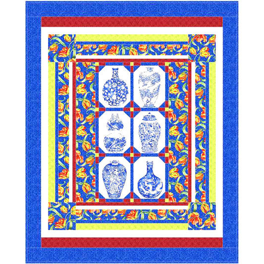 Decorative quilt with floral border and central pattern of blue vases on a white background
