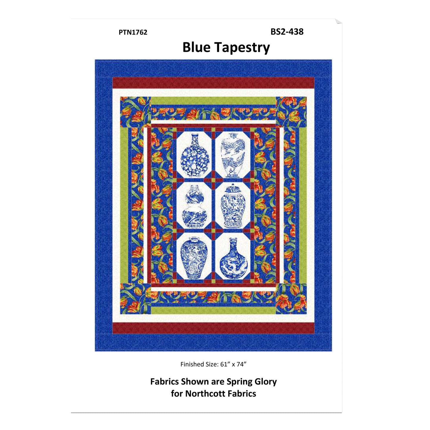 Blue Tapestry fabric pattern with vase design on a white background