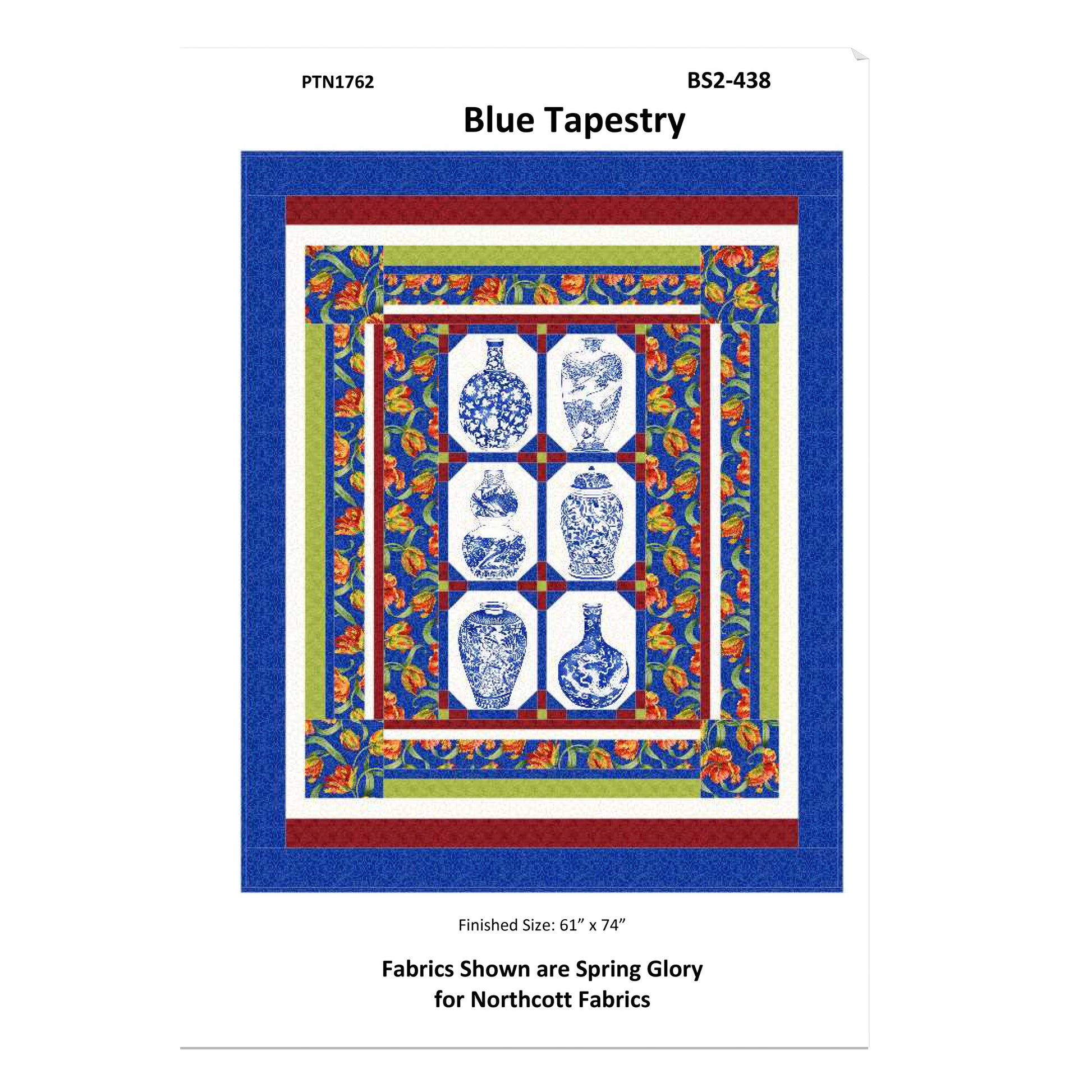 Blue Tapestry fabric pattern with vase design on a white background