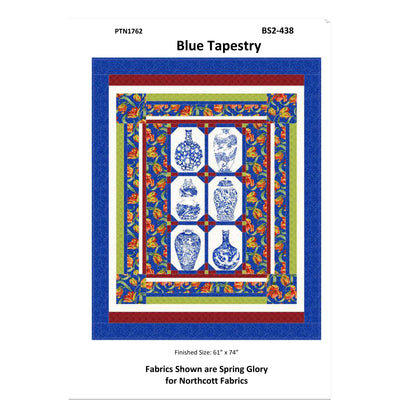 Blue Tapestry fabric pattern with vase design on a white background