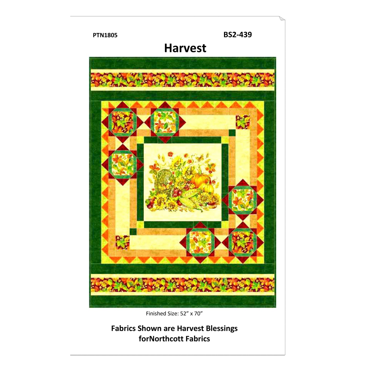 Quilt pattern packaging with 'Harvest' design and Northcott Fabrics branding.