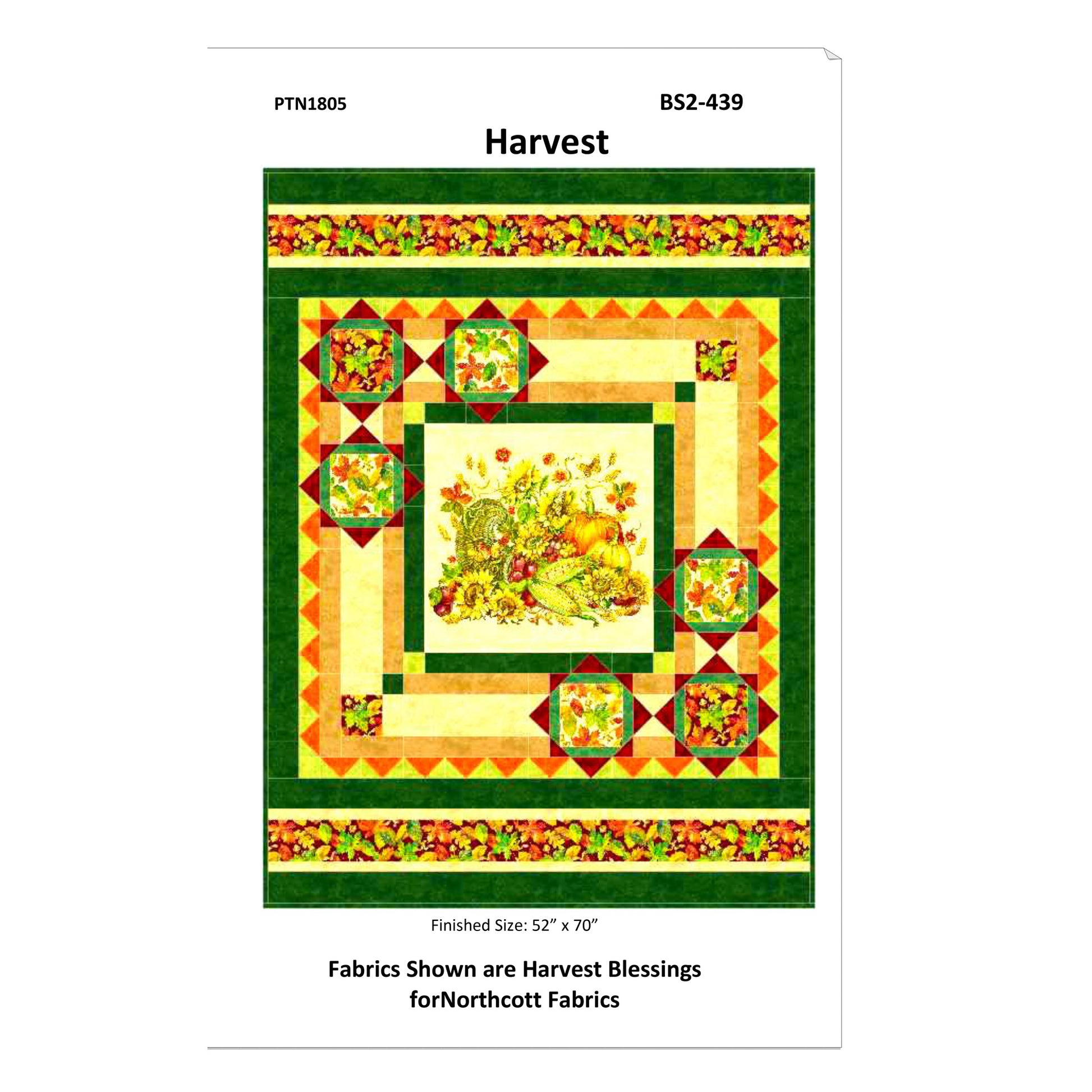 Quilt pattern packaging with 'Harvest' design and Northcott Fabrics branding.