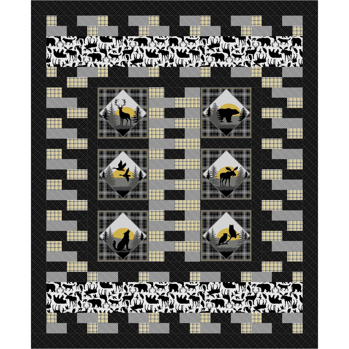 Quilt with geometric pattern featuring animals and geometric shapes on a black background