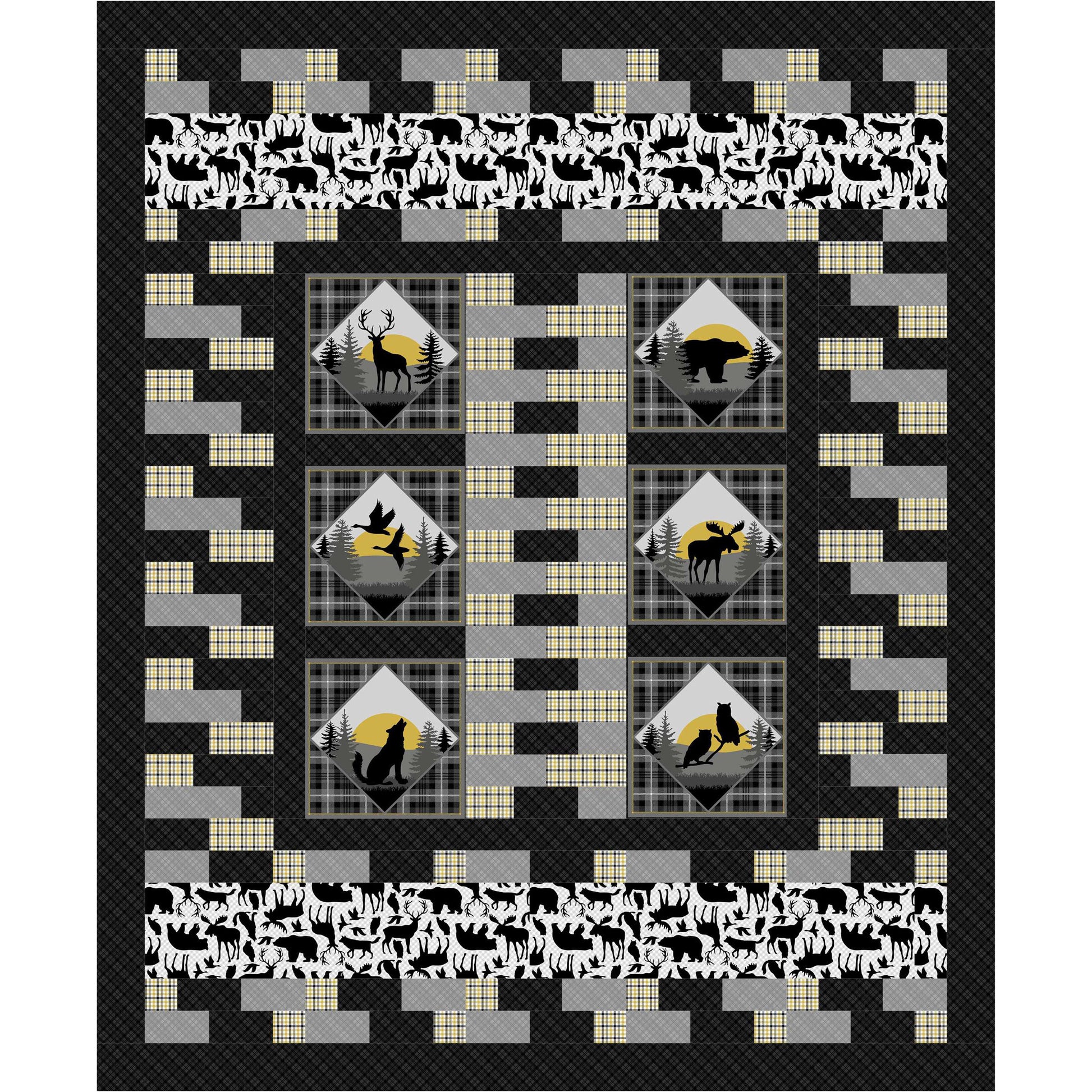 Quilt with geometric pattern featuring animals and geometric shapes on a black background