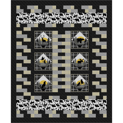 Quilt with geometric pattern featuring animals and geometric shapes on a black background