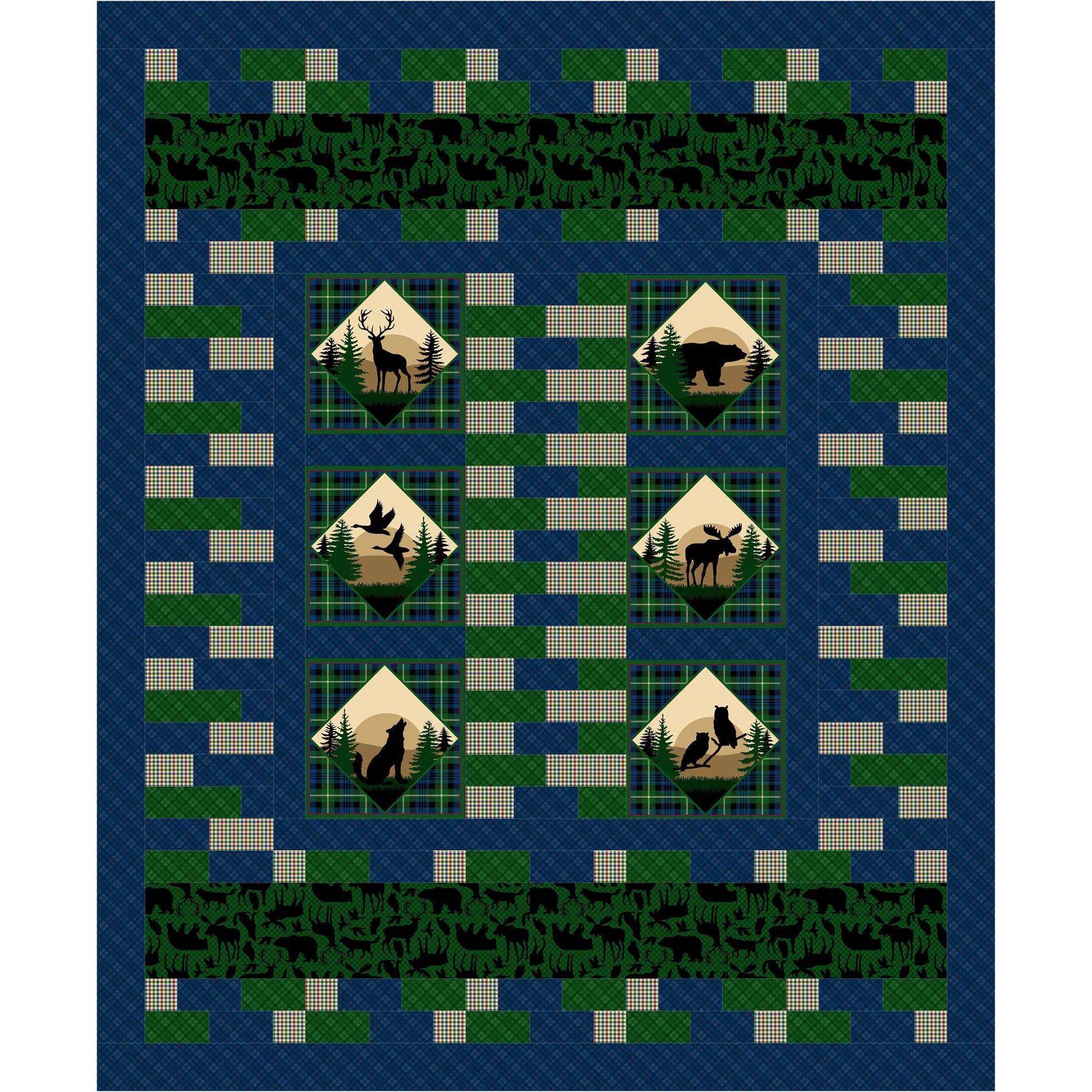 Quilt with nature-themed patterns featuring animals and trees on a blue background.