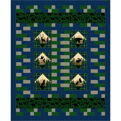 Quilt with nature-themed patterns featuring animals and trees on a blue background.