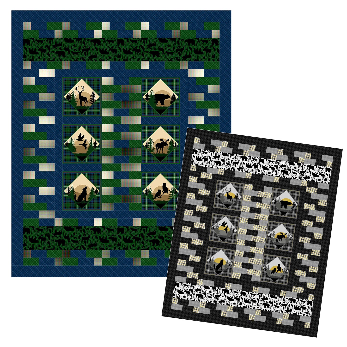 Two patterned quilts with geometric designs on a white background