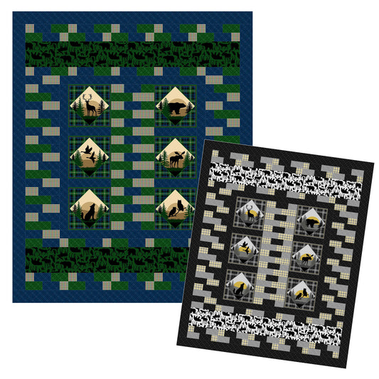 Two patterned quilts with geometric designs on a white background