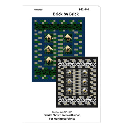 Quilt pattern packaging for 'Brick by Brick' with fabric swatches on a white background.