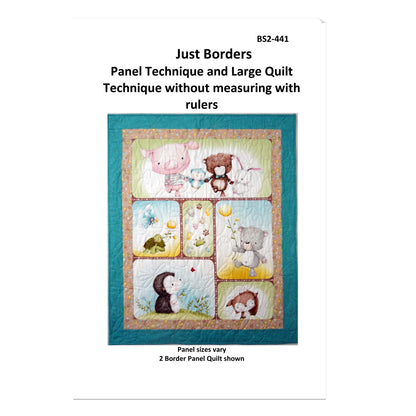 Quilt with animal illustrations and a teal border on a white background