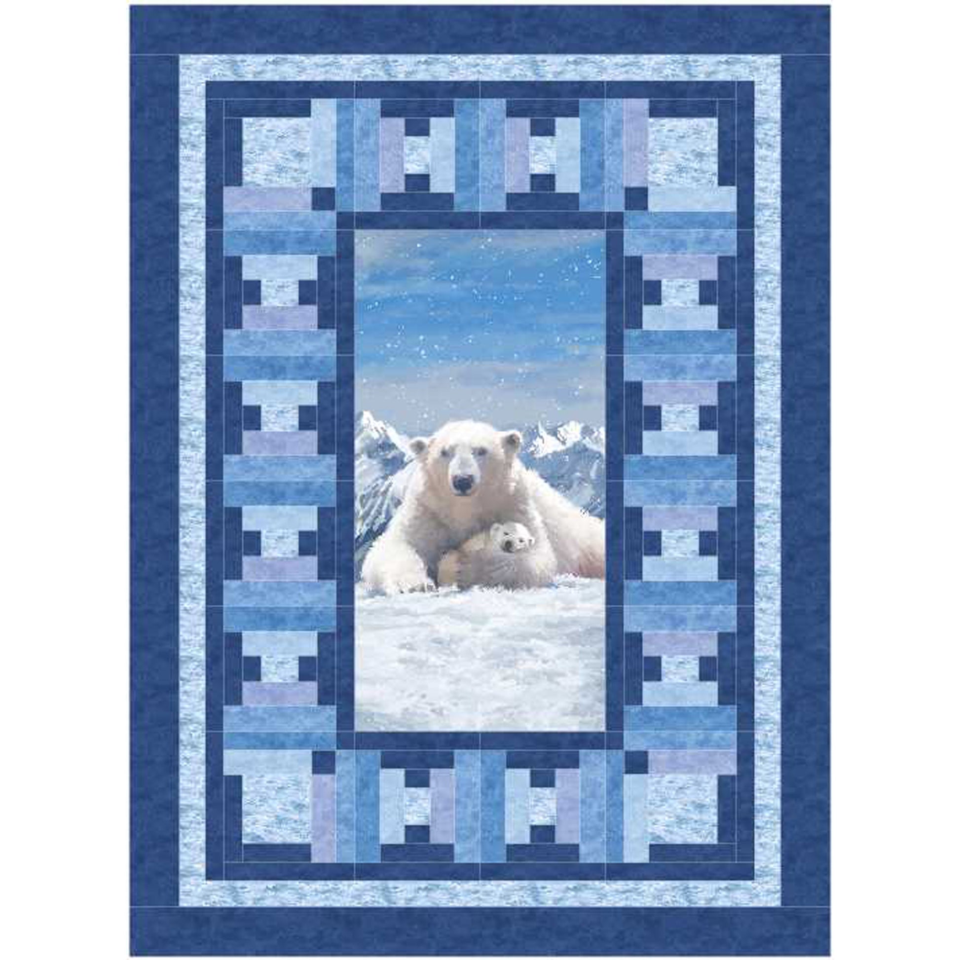 Quilt with a polar bear and cub design framed by blue geometric patterns