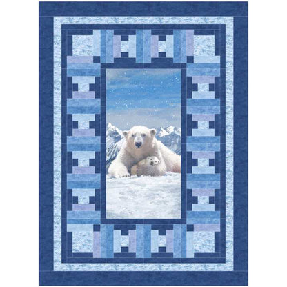 Quilt with a polar bear and cub design framed by blue geometric patterns