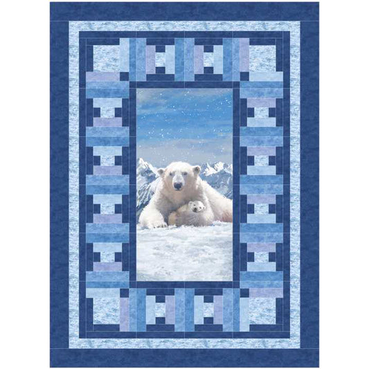 Quilt with a polar bear and cub design framed by blue geometric patterns
