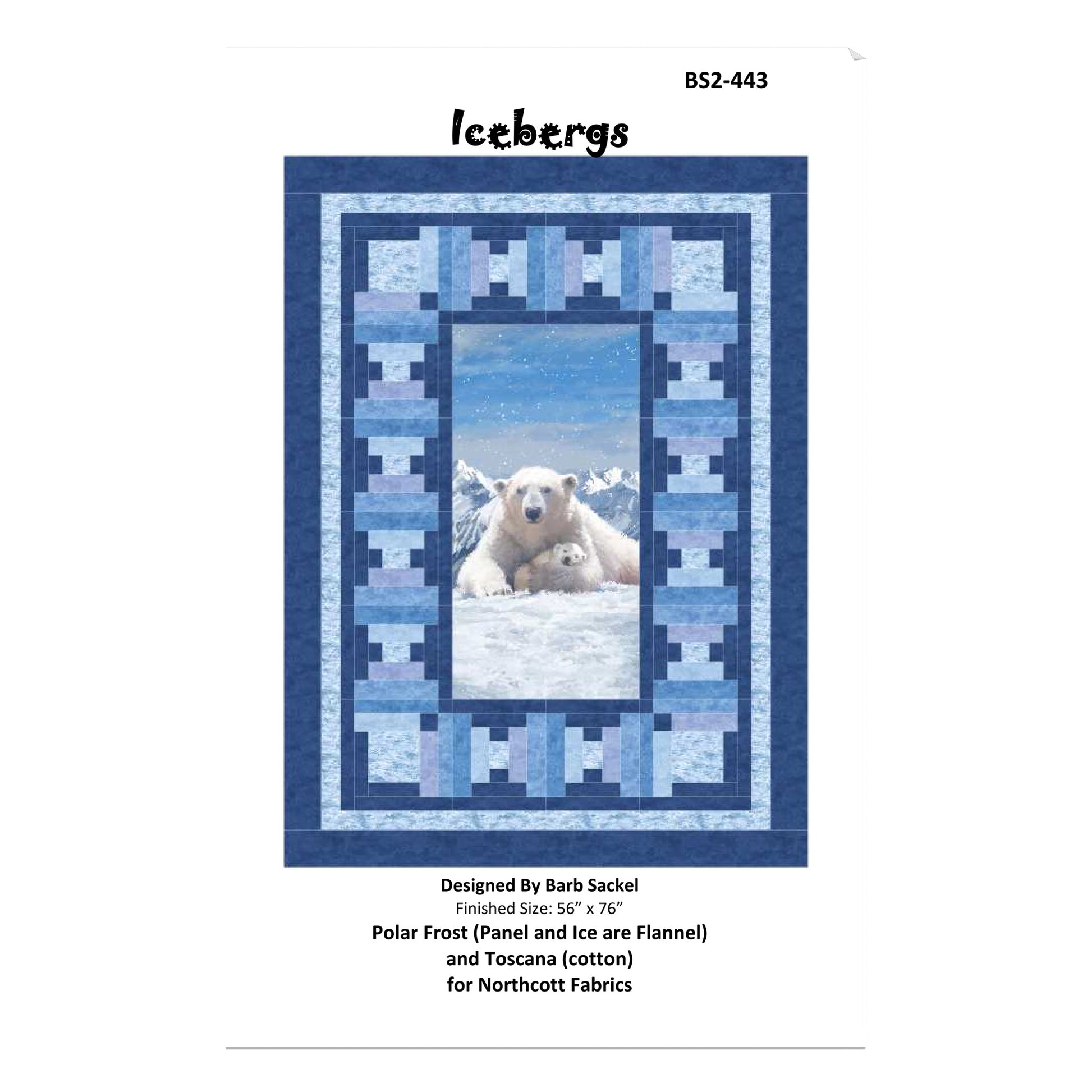 Quilt pattern cover featuring a polar bear and cub with blue border and text