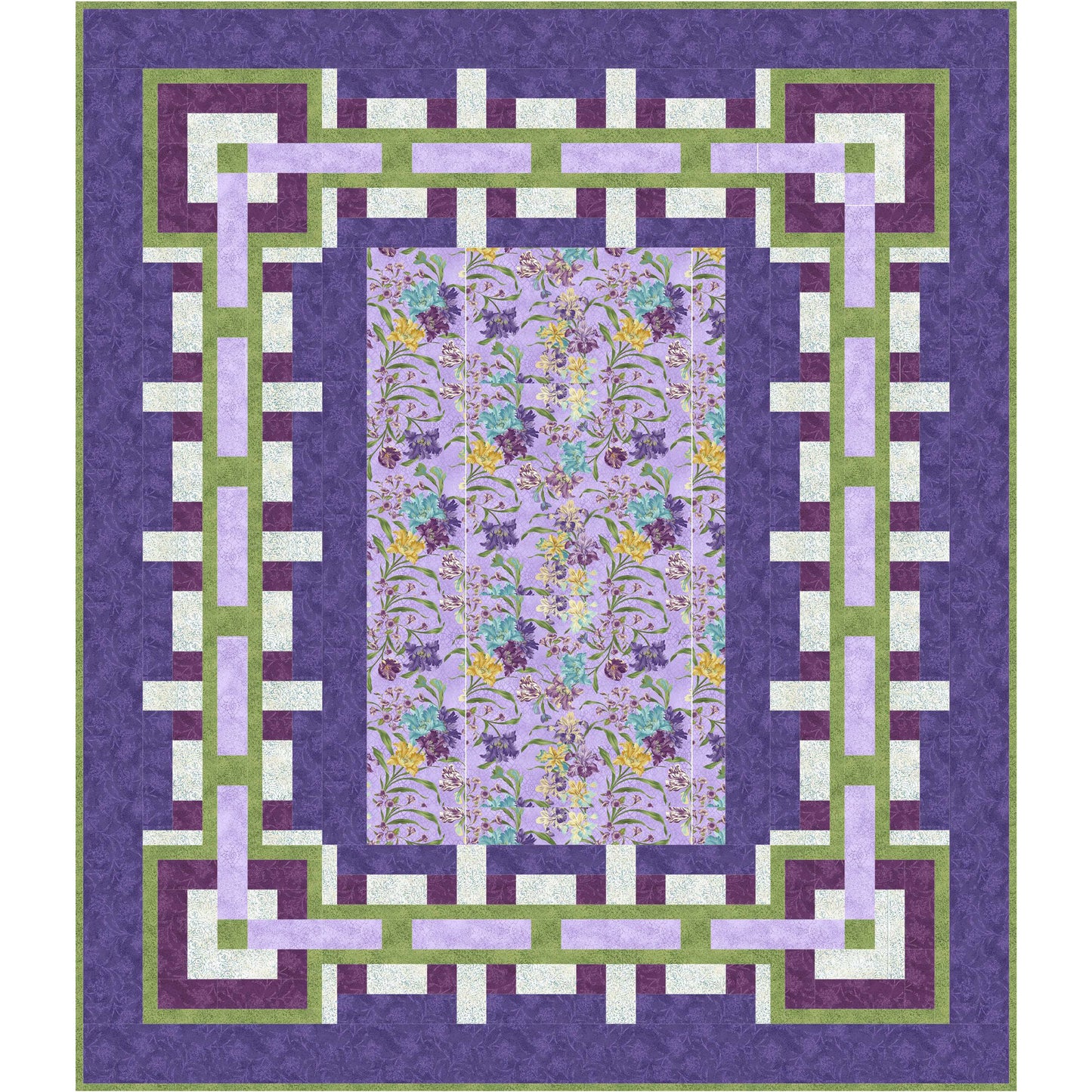 Quilt with geometric border and floral center on a purple background