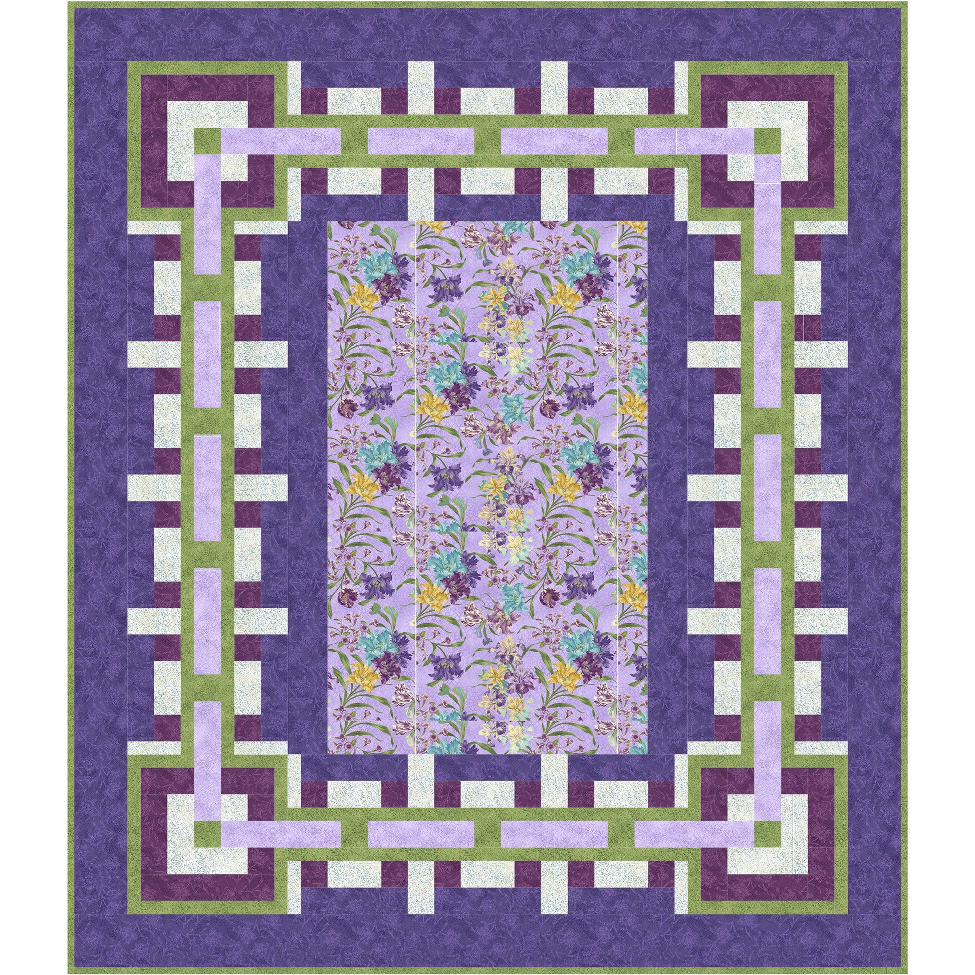 Quilt with geometric border and floral center on a purple background
