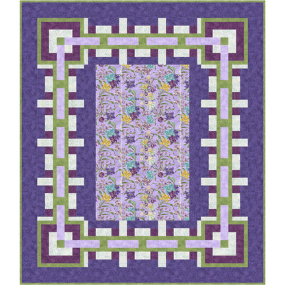 Quilt with geometric border and floral center on a purple background