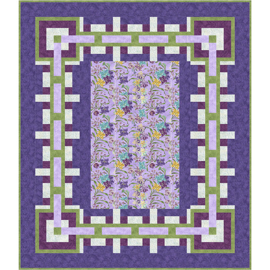 Quilt with geometric border and floral center on a purple background