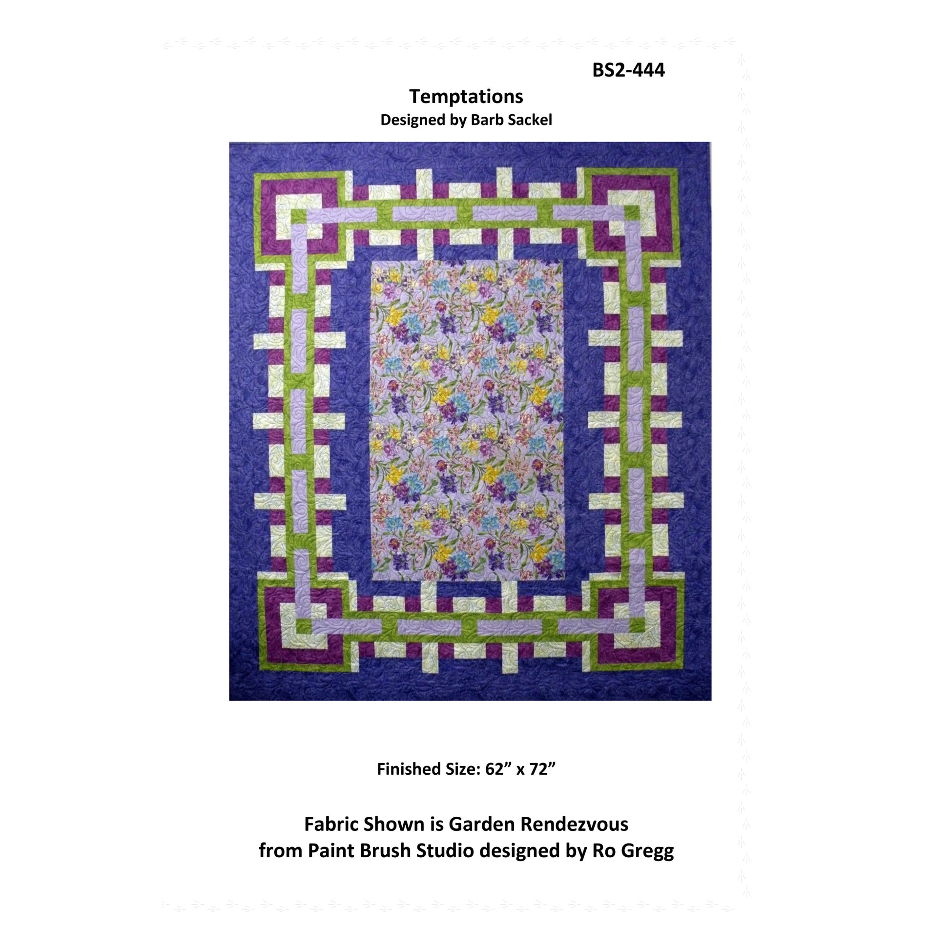 Quilt pattern with colorful border and floral center on a white background