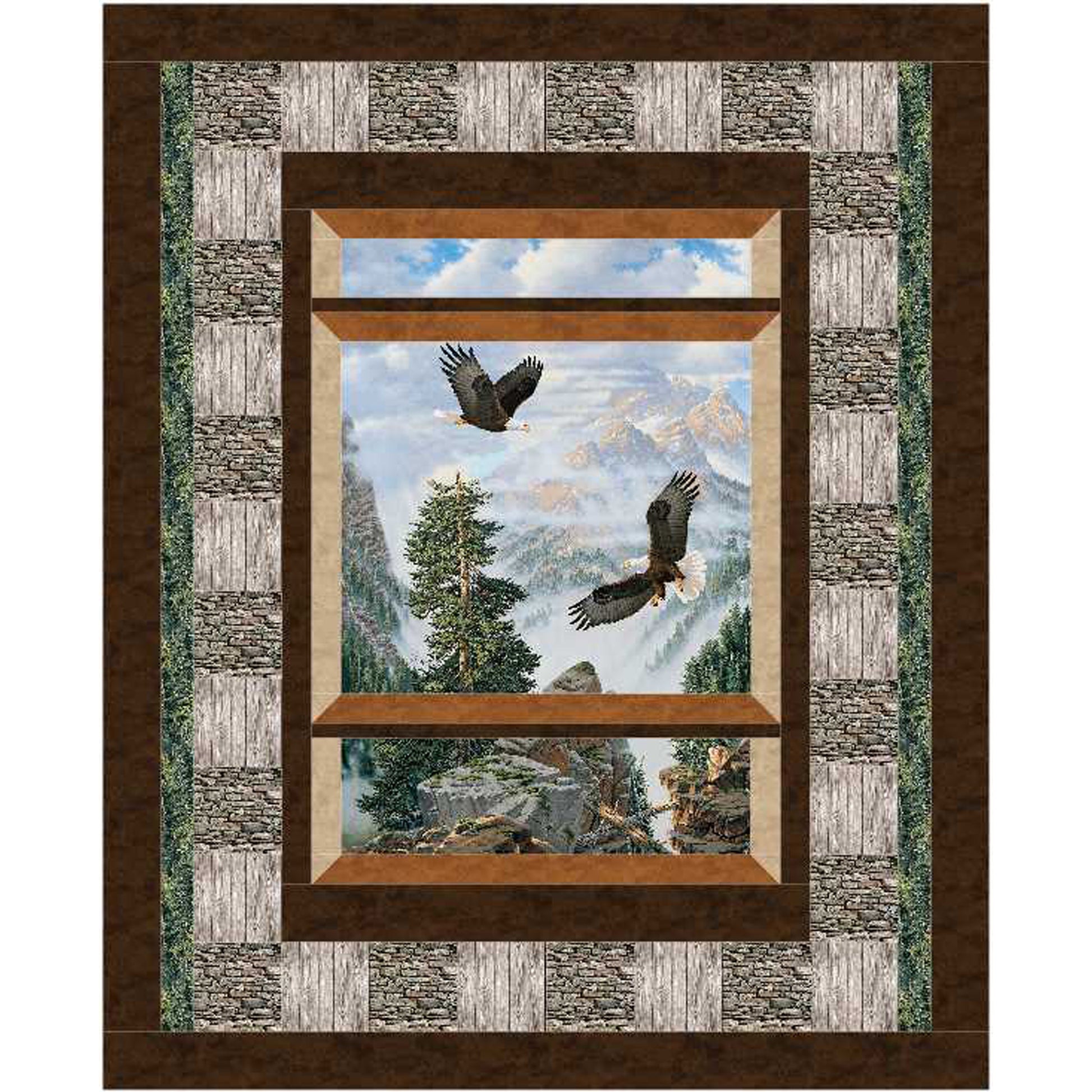 Quilt with a scenic design featuring two eagles flying over a mountain landscape, framed by a stone border.