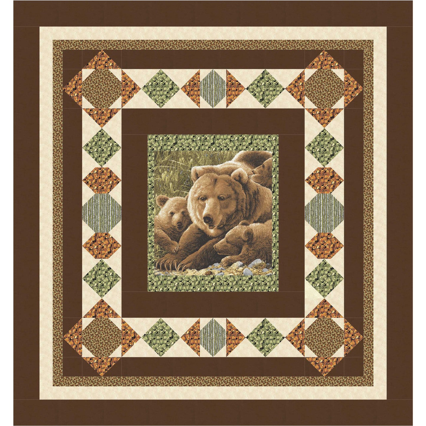 Quilt with a bear and cub design in the center, surrounded by geometric patterns on a brown background.
