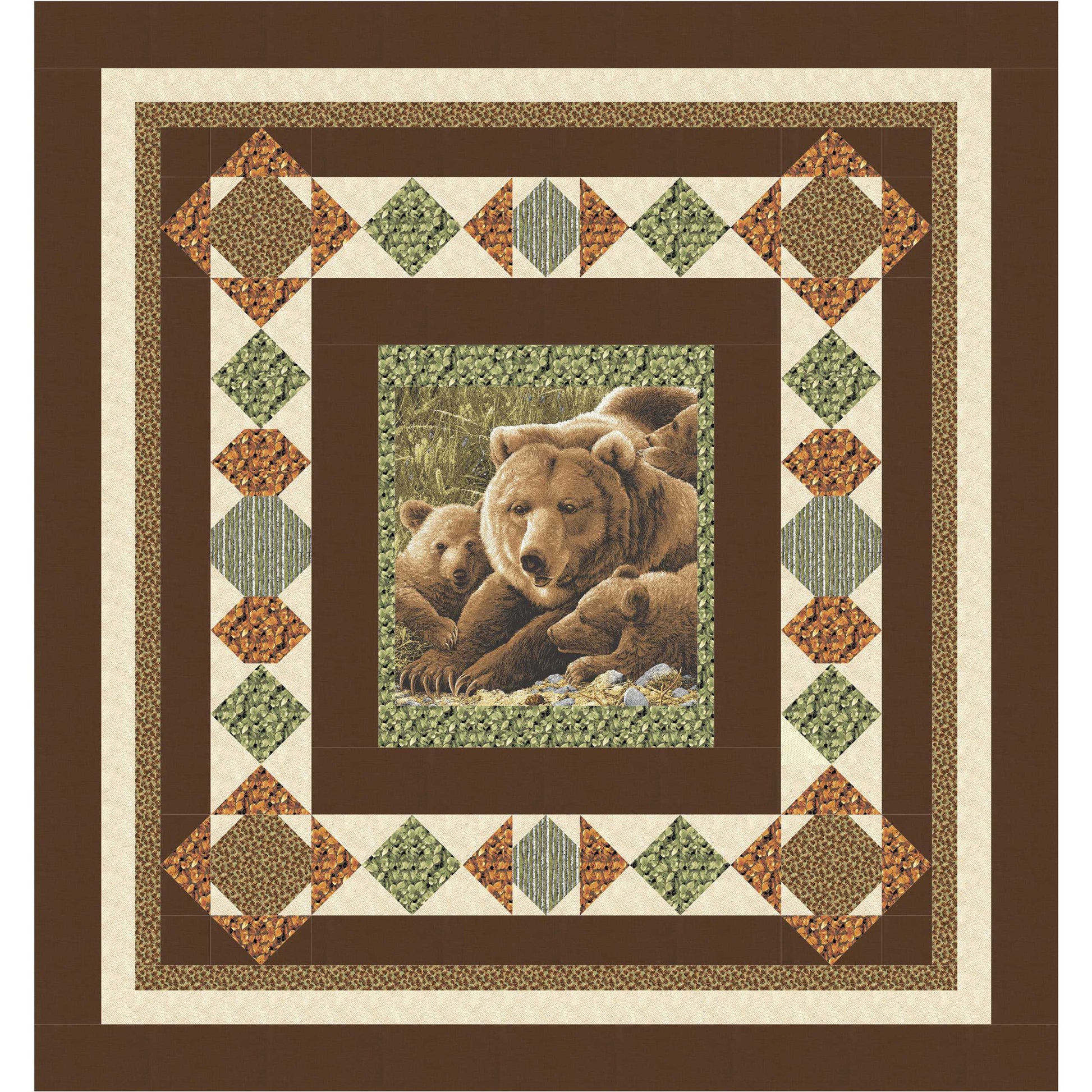 Quilt with a bear and cub design in the center, surrounded by geometric patterns on a brown background.