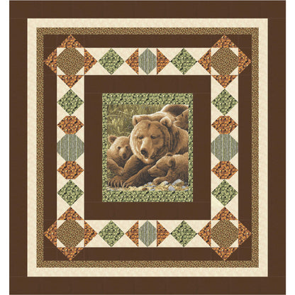 Quilt with a bear and cub design in the center, surrounded by geometric patterns on a brown background.