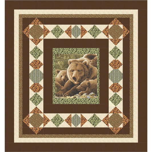 Quilt with a bear and cub design in the center, surrounded by geometric patterns on a brown background.