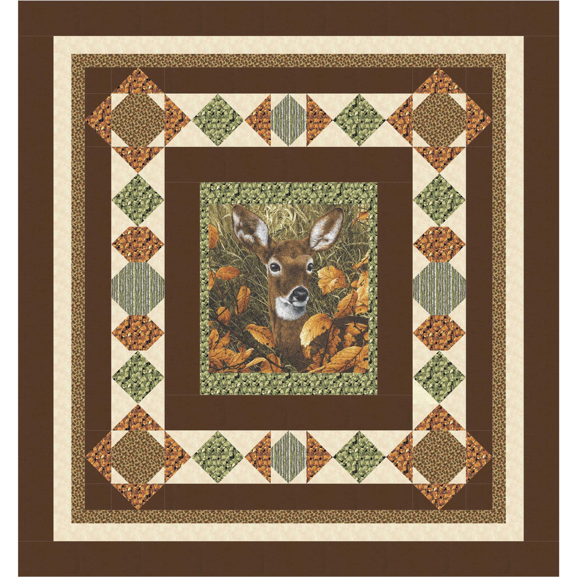 Quilt with a deer design in the center, surrounded by geometric patterns on a brown background