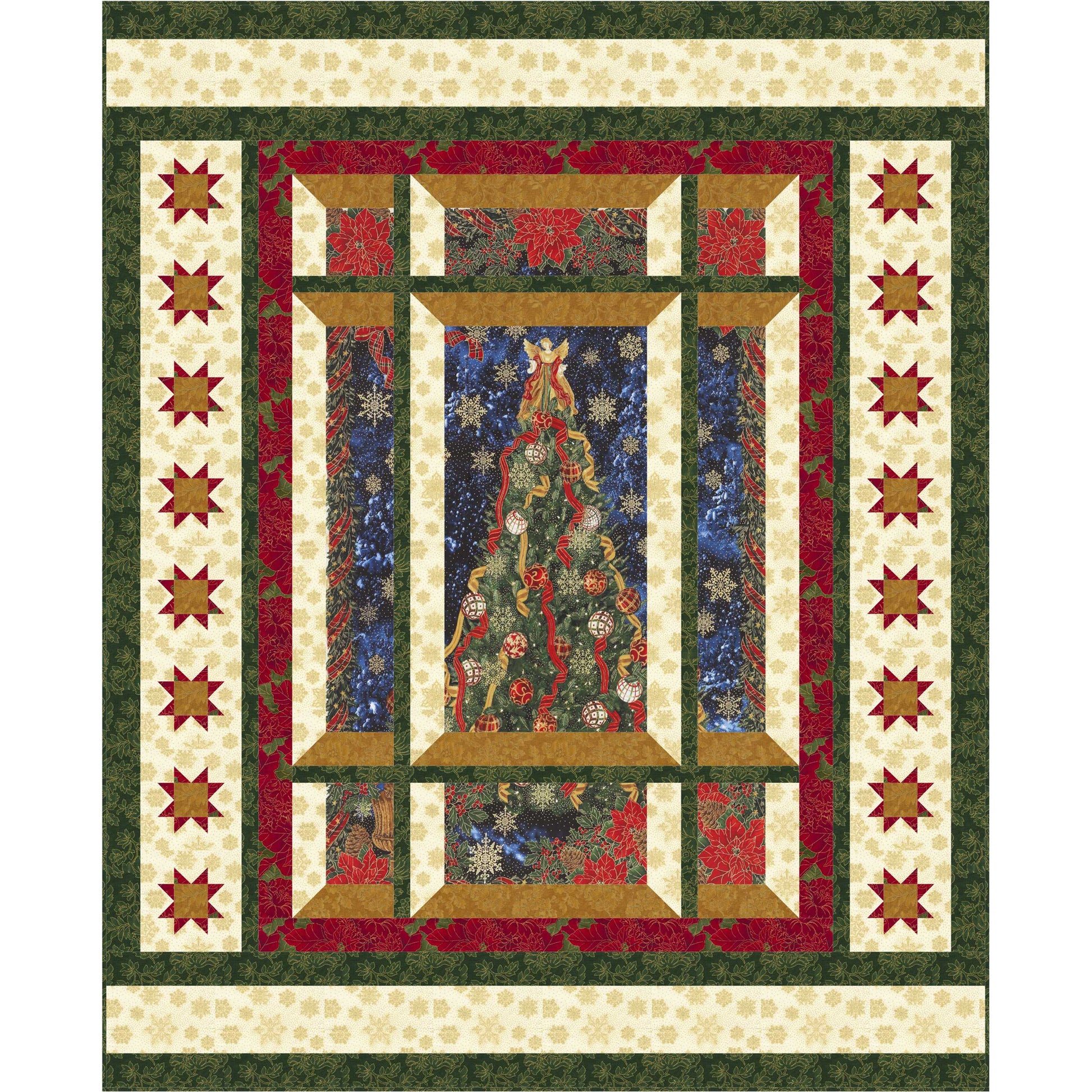 Quilt with a Christmas tree design in a decorative border