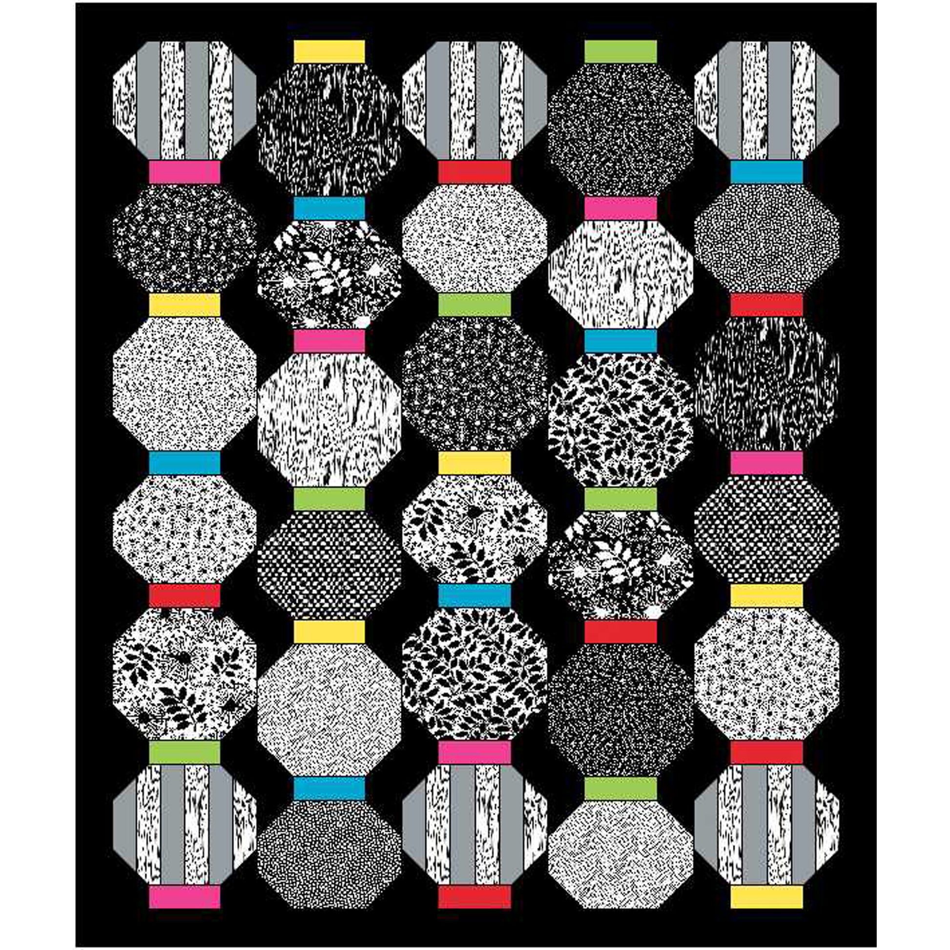 Patterned tiles with colorful borders on a black background