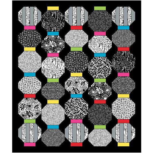 Patterned tiles with colorful borders on a black background