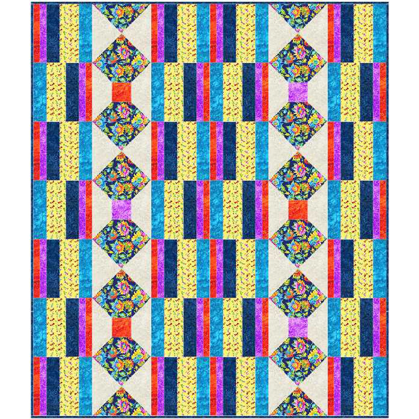 Colorful quilt with geometric pattern on a white background