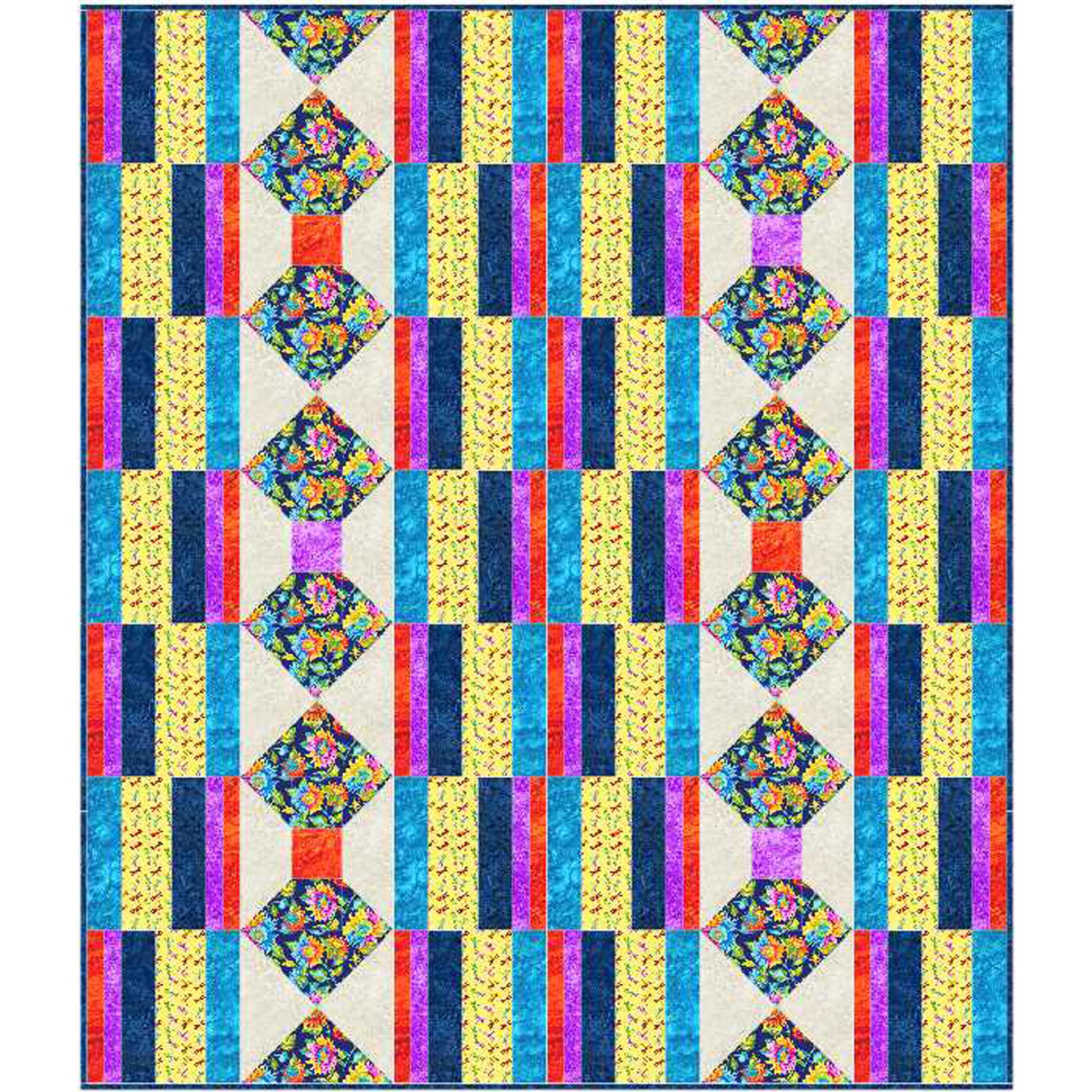 Colorful quilt with geometric pattern on a white background