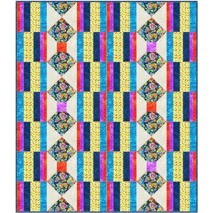 Colorful quilt with geometric pattern on a white background