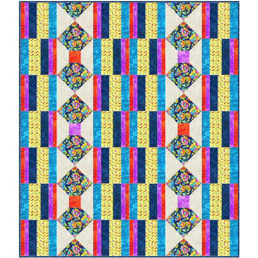 Colorful quilt with geometric pattern on a white background