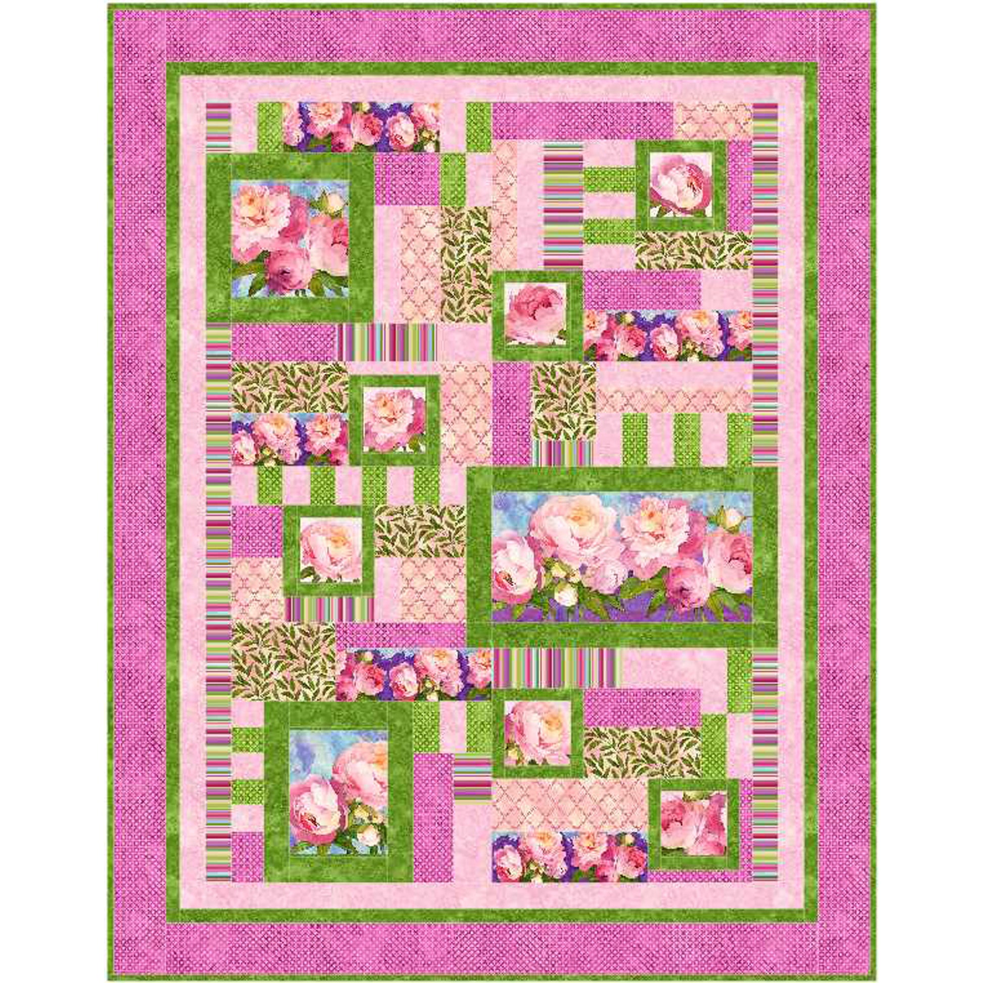 Quilt with floral and geometric patterns on a pink background