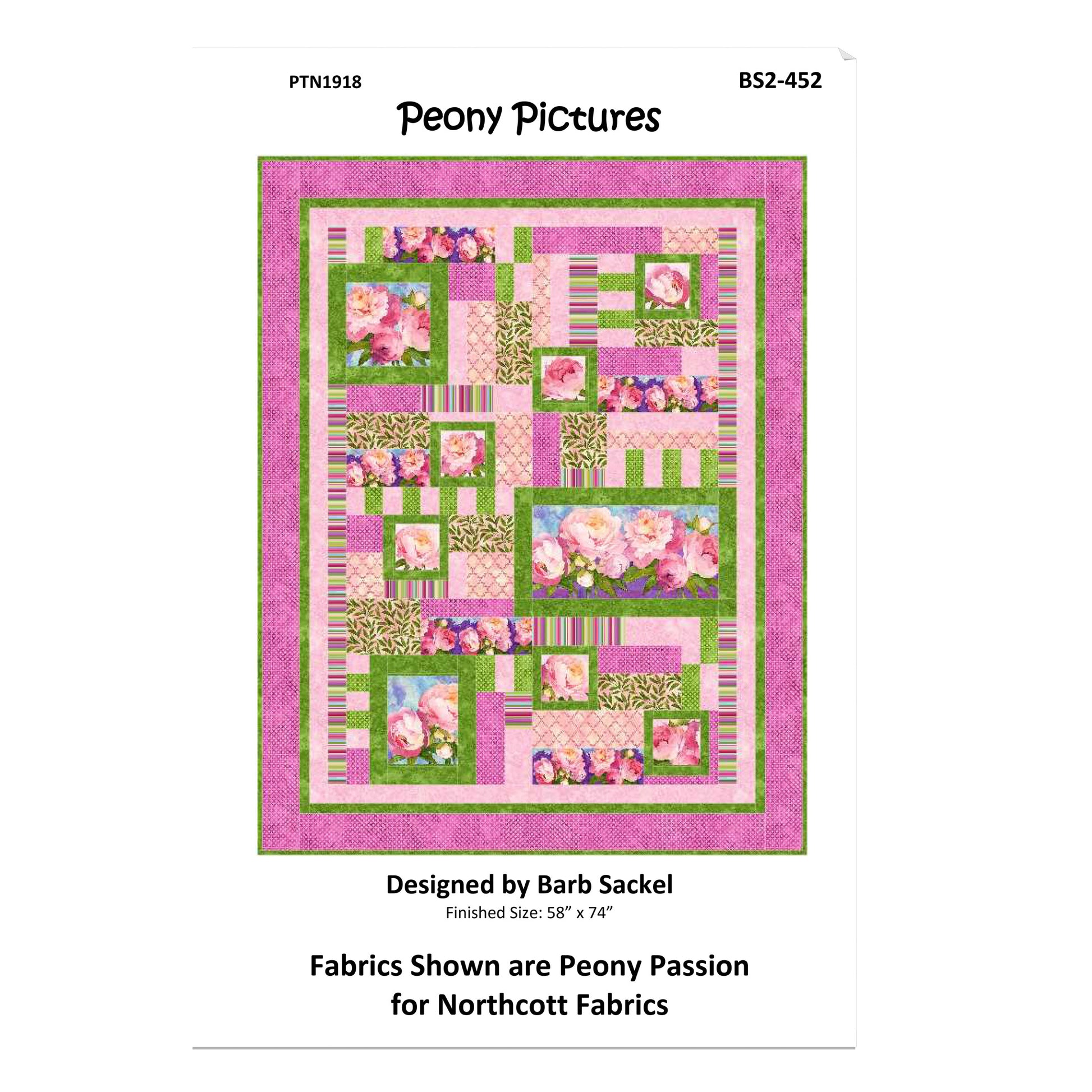Quilt pattern cover with floral design and 'Peony Pictures' branding